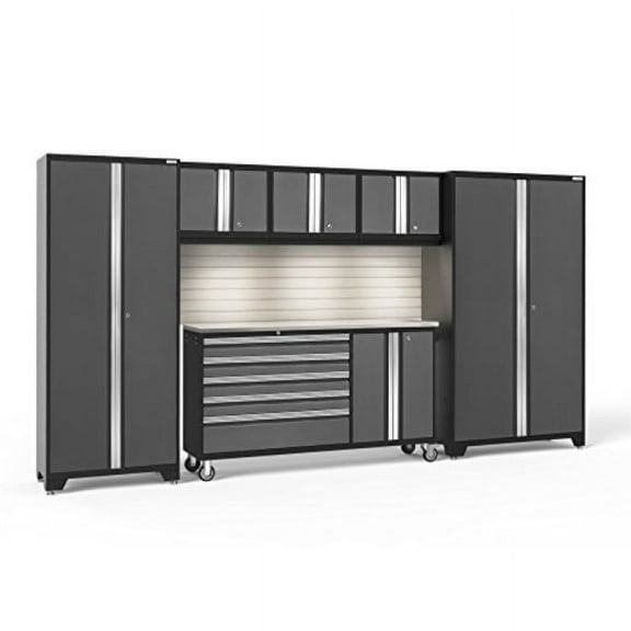 NewAge Products Bold Series Gray 6 Piece Cabinet Set, Heavy Duty 24-Gauge Steel Garage Storage System, Slatwall / LED Lights Included