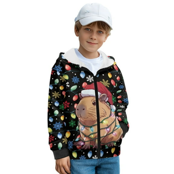 FKELYI Kids Fleece Hoodies Zip Up Front Hooded Sweatshirt with Side Pockets Christmas Bulb Snowflake Capybara Print Boys Girls Fall Top Winter Clouthes, L