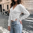 thumbnail image 5 of Admvng Women's Wrap V‑Neck Knit Sweater Long Sleeve Cropped Pullover Side Tie Knot Casual Fall Sweater, 5 of 9