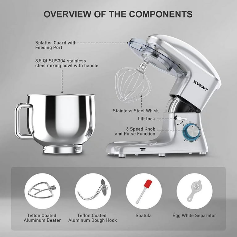 Stand Mixer, 8.5QT 8 in 1 Multifunctional Kitchen Electric Mixer with Dough  Hook, Whisk, Beater,Meat Grinder, Blender, Pasta attachment, 5-Speed with