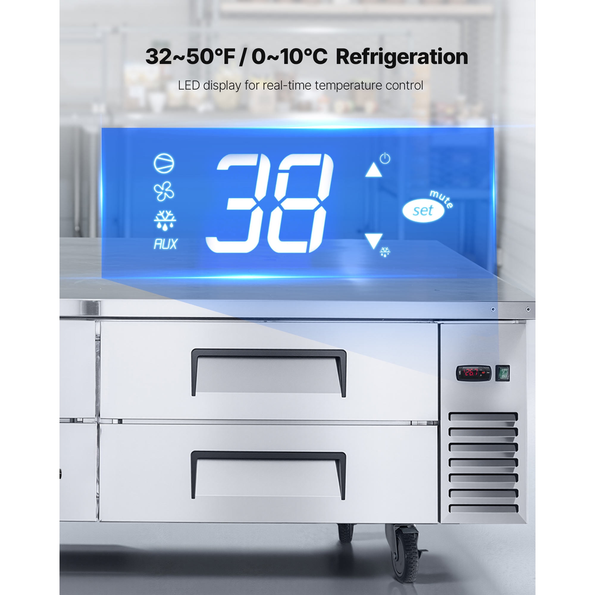 KFFKFF 72" W Commercial Chef Base Refrigerator, 4-Drawer Worktop Fridge with 12 Pans, Stainless Steel Under-Counter Refrigerated Unit with Durable Design and Sleek Door Handle
