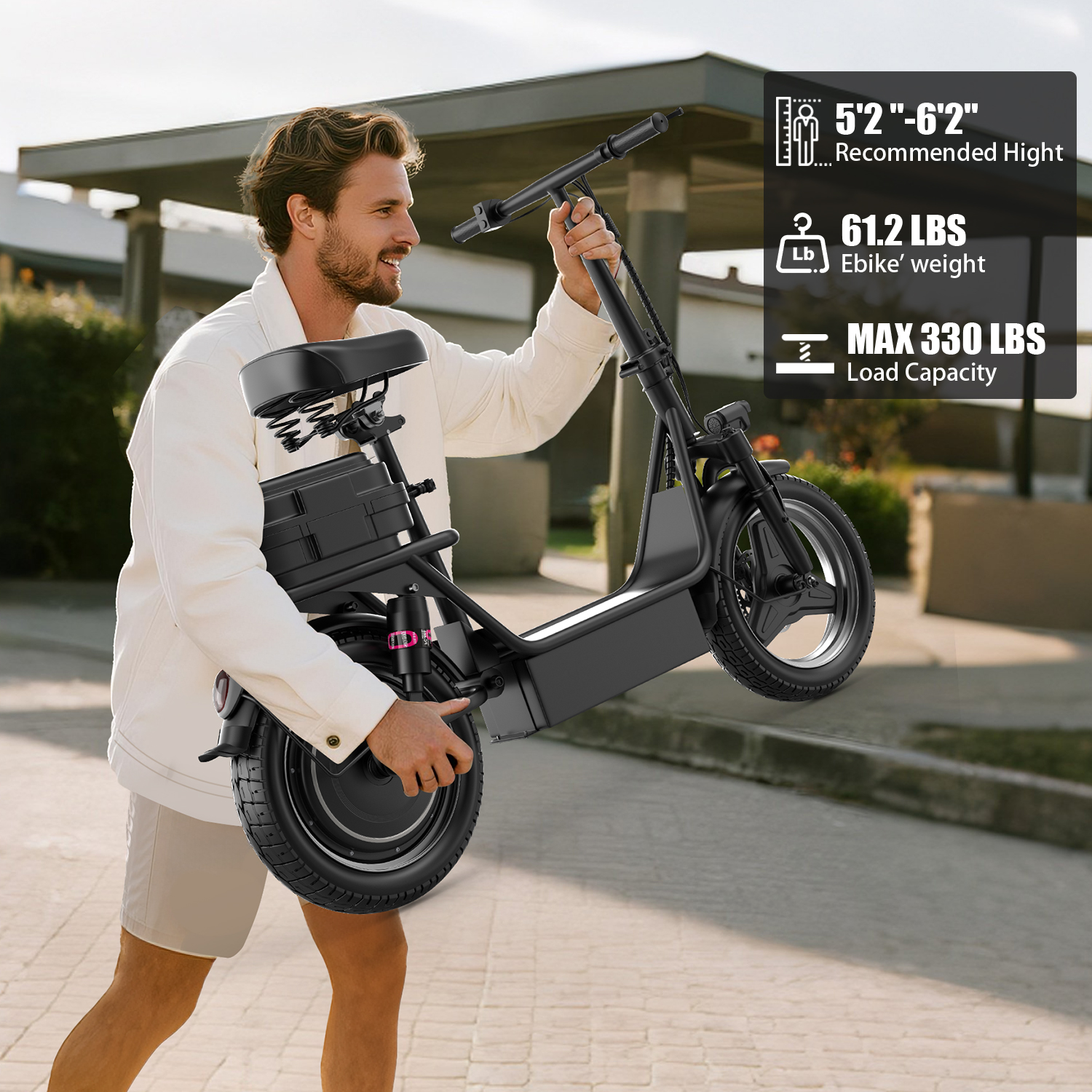 Electric Scooter with Seat, Peak 1200W, 25 MPH and 45 Miles, 14" Tire,48V 16.5AH 500Wh Battery Dual Shock Absorbing Scooter with Basket Box,E Scooter for Adults Commuter & Urban Travel