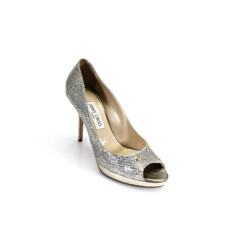 

Pre-owned|Jimmy Choo Women s Peep Toe Glitter Stiletto Heel Pump Silver Size EUR 40