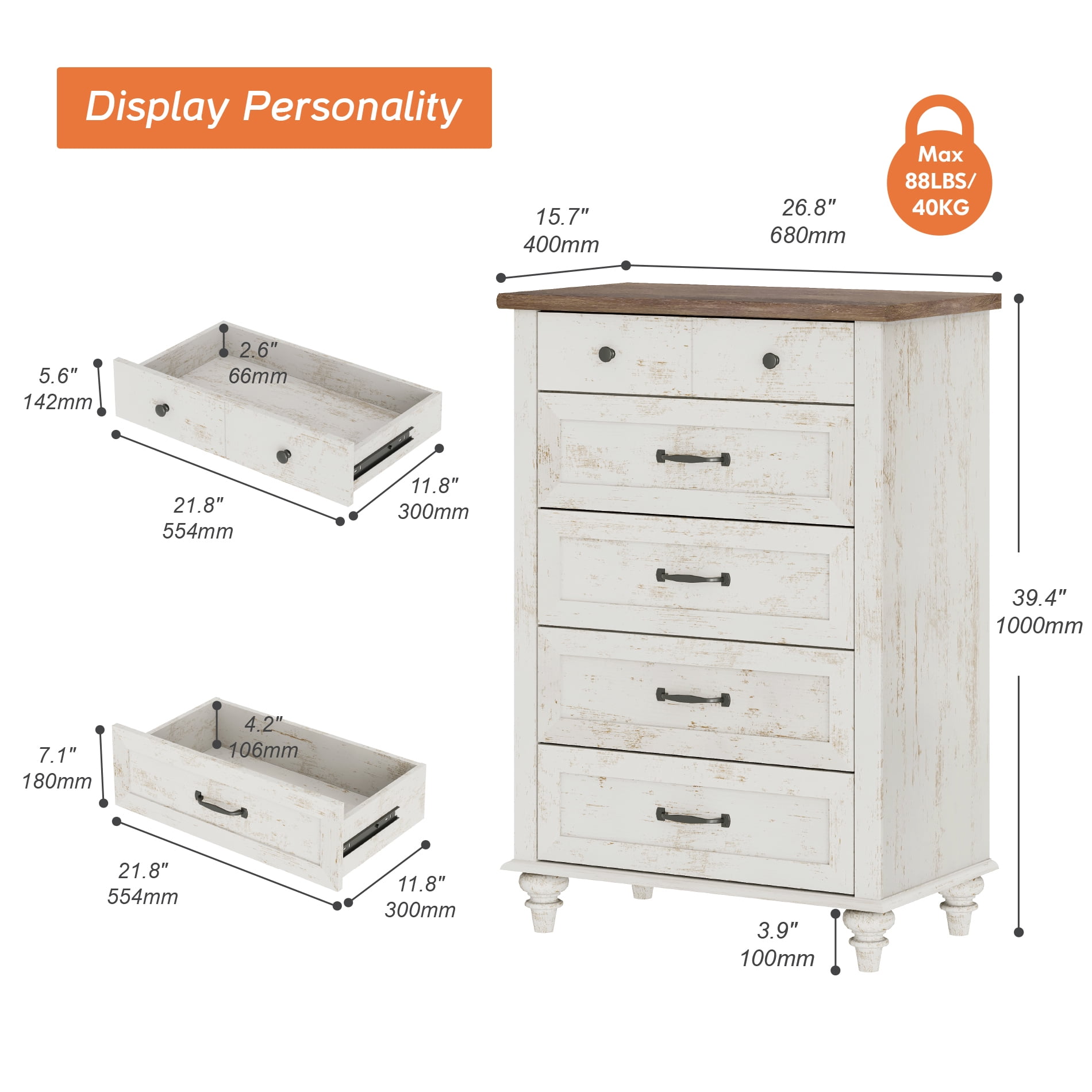 5-Drawer Farmhouse Dresser, Antique White Chest of Drawers for Bedroom & Living Room