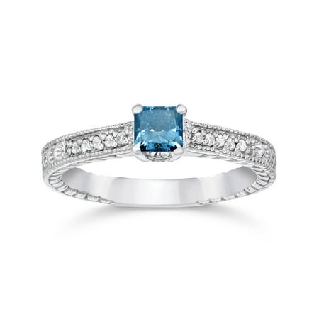 - 1/2ct Princess Cut Antique Treated Blue Diamond Engagement Ring White Gold