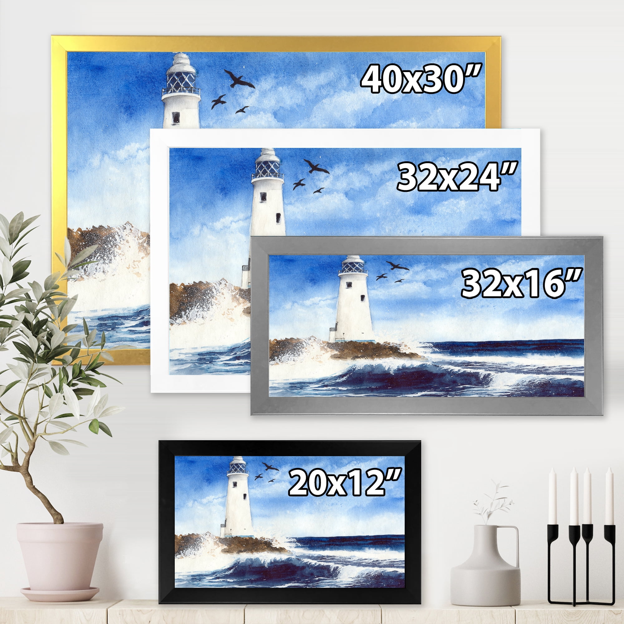 Designart 'Seagulls With Lighthouse On The Rocky Island' Nautical & Coastal Framed Art Print