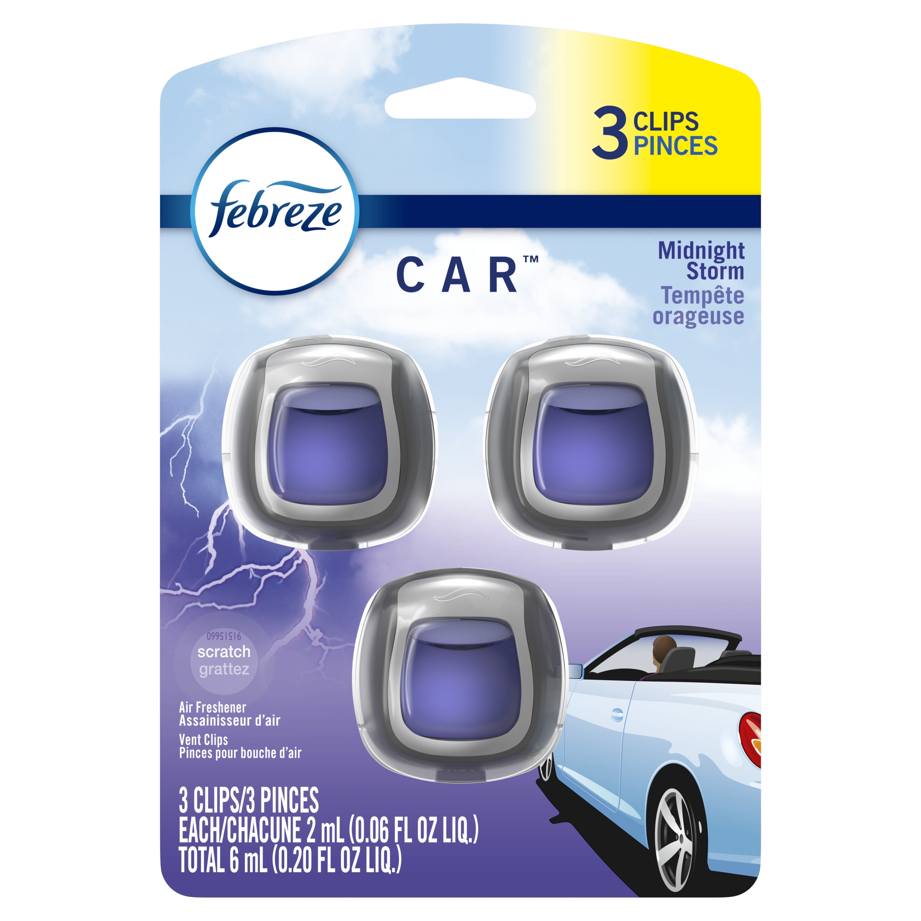 Febreze Car OdorEliminating Air Freshener Vent Clips, Midnight Storm, 3 Ct