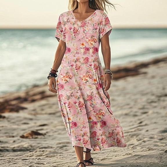 Yotami Short Sleeve Beach Dress for Women Boho Summer Long Dress Floral Print V-Neck Loose Flowy Dress