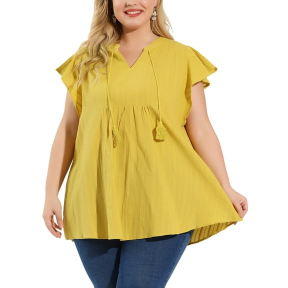Unique Bargains Women's Plus Drawstring Split V Neck Flutter Sleeve Tunic Top