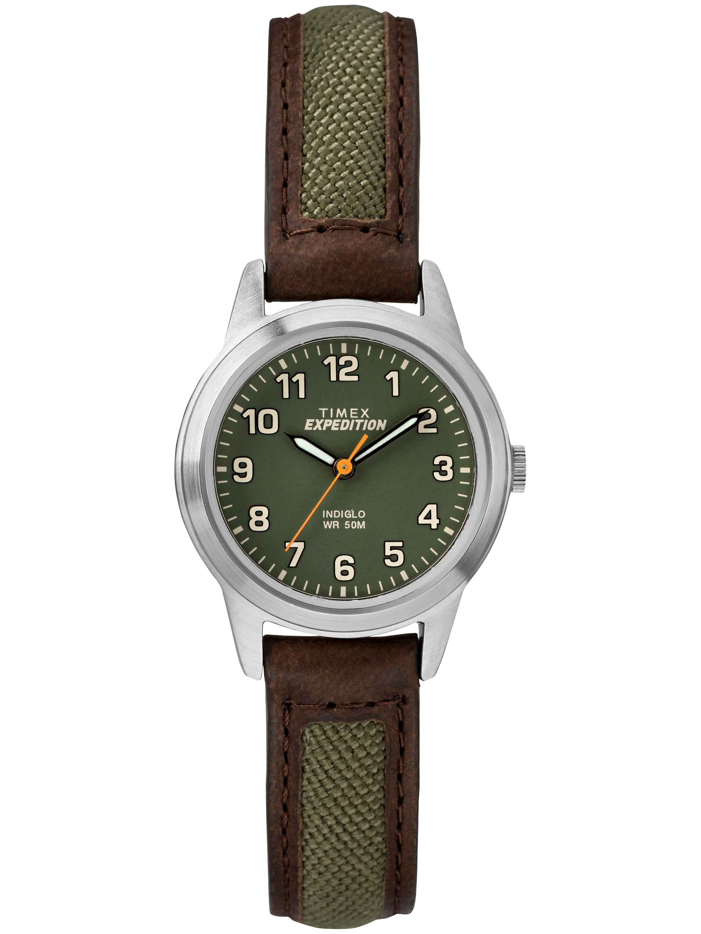 Timex Women's Expedition Field Mini Brown/Green 26mm Outdoor Watch, Leather  & Fabric Strap 