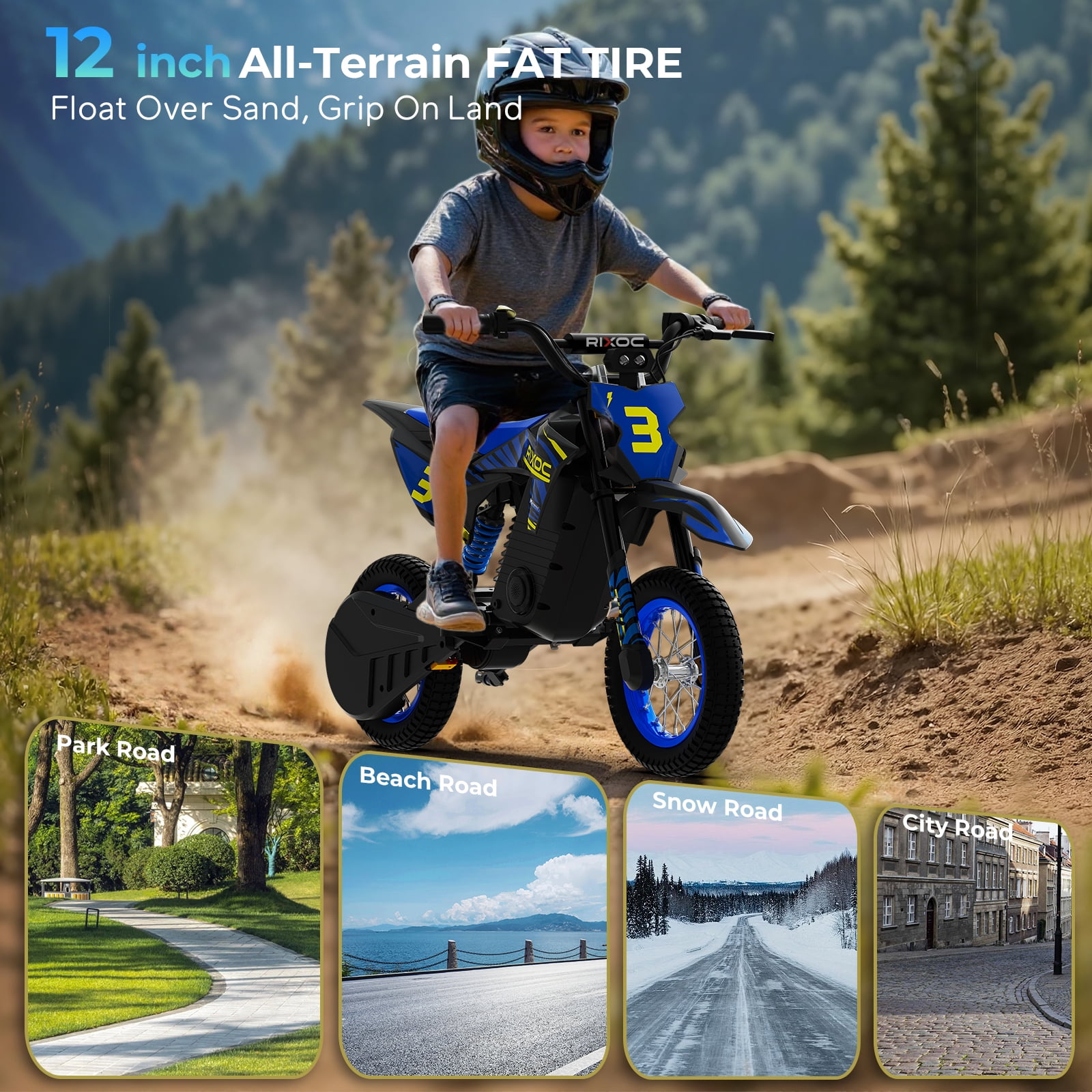 RIXOC DK-12 Electric Dirt Bike,3 Speed Modes up to 15.5 mph, 36V 5.2Ah Peak 700W Max 14Miles Electric Motorcycle for Child 8+ UL2272