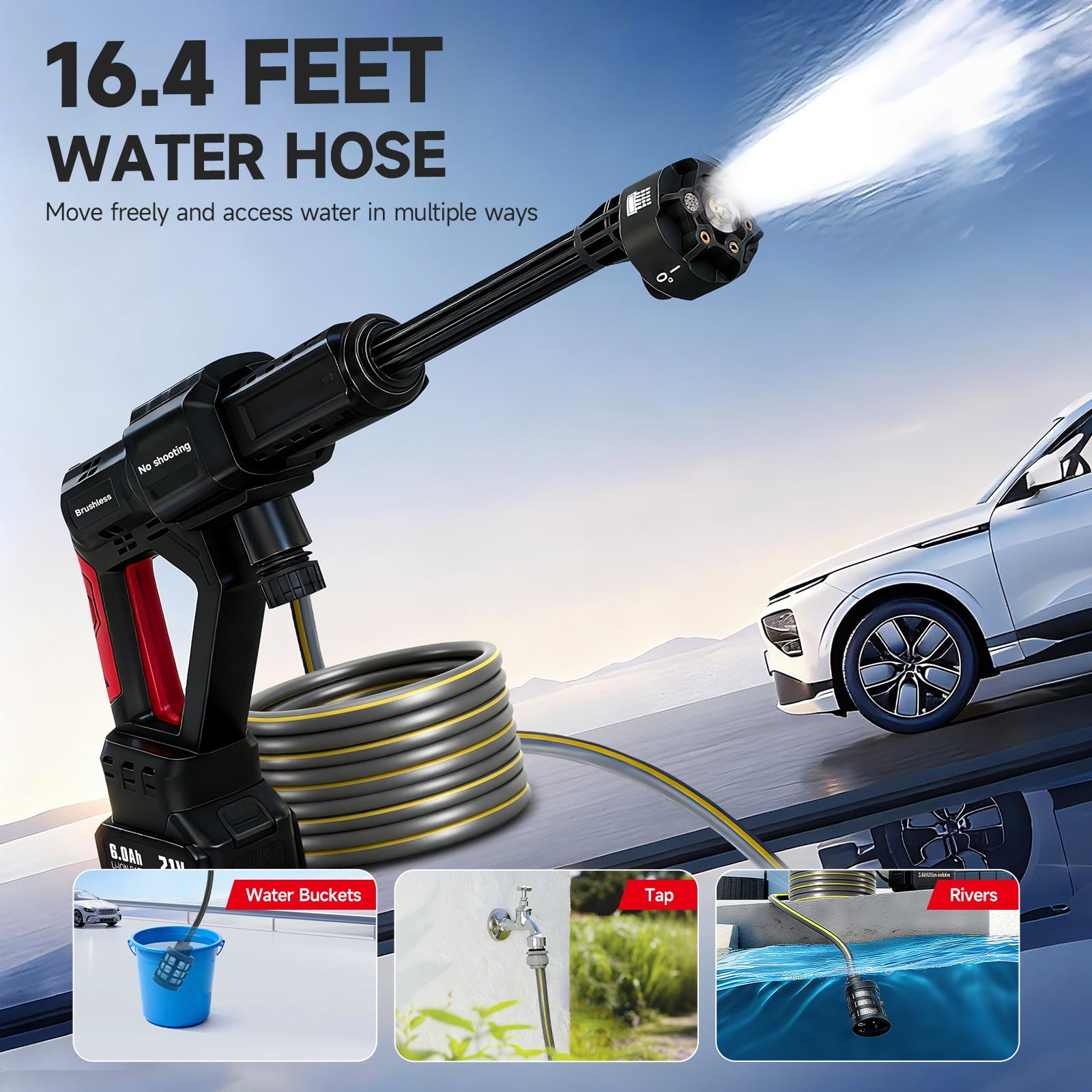 Cordless Pressure Washer, 1060PSI Portable Power Washer with LED Display, 2.8GPM Power Cleaner with 6-in-1 Adjustable Nozzle，16.4ft Hose for Cars/Patios, Black