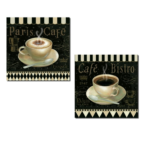 Vintage-Style Pairs Cafe and Bistro Cappucino Coffee Paper Signs by Daphne Brissonnet; Kitchen Decor; Two 12x12in Poster Prints