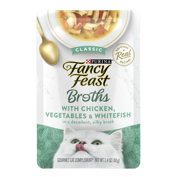 Purina Fancy Feast Broths Wet Cat Food, Chicken, Vegetables, & Whitefish, 1.4 oz Pouch (16 Pack)