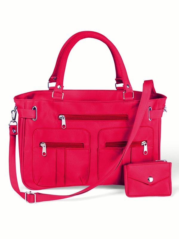 Women's Stylish DoubleHandle Zippered 6Pocket Microfiber Handbag and