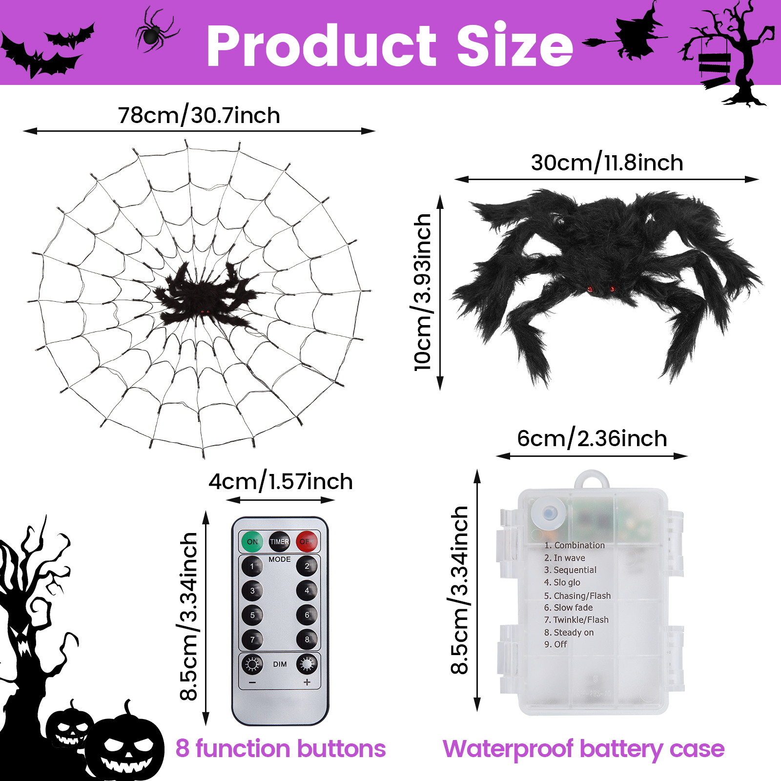 Sakiyr Halloween Spider Web Lights, 2.5FT Purple LED Spider Web with 8 Lighting Modes for Party Decoration - image 4 of 8