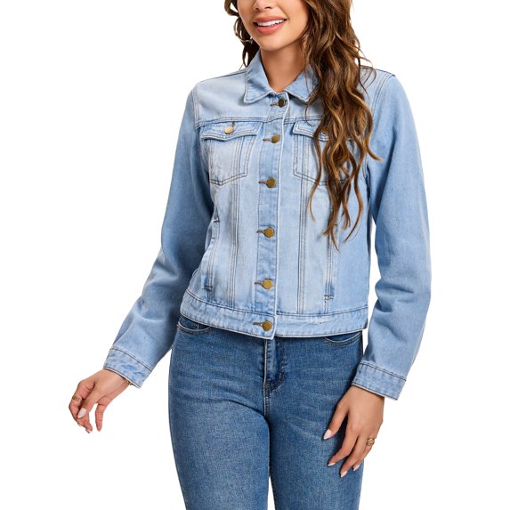 INSPIRE CHIC Women's Jean Jacket Turn Down Collar Long Sleeve Washed Button Up Casual Denim Jackets S Light Blue