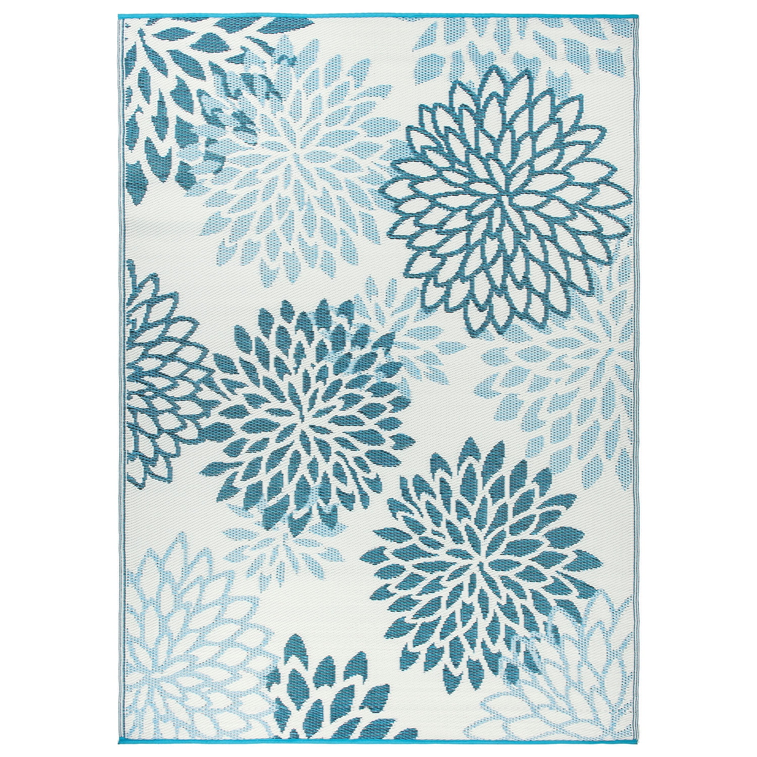 World Rug Gallery Modern Floral Aloha Reversible Recycled Plastic Outdoor Picnic Mat, Camping Rug, RV Rug - BLUE 5'x7'