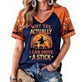 thumbnail image 2 of VXARARL Womens Short Sleeve V Neck Halloween T Shirts Pumpkin Shirts Why Yes Actually I Can Drive A Stick Graphic Autumn Tee Tops Ghost Pumpkin T Shirts Navy L, 2 of 4