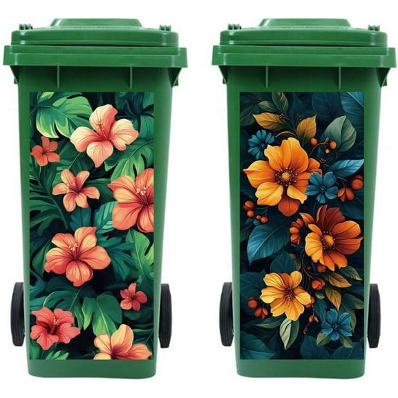 Wheelie Bin Stickers 2 Sheets Flowers and Leaves Sticky Dustbin Stickers Decals 15in x 32in Waterproof Large Wraps for Trash Cans Bins Driveway Garden Outdoor Indoor Patio Decor Colorful