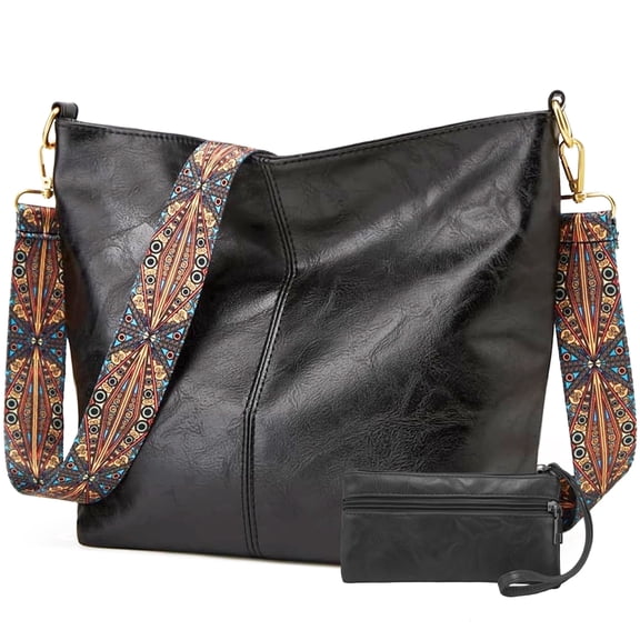 WANDF Hobo Bag for Women,Chic PU Leather Shoulder Bags with Wide Strap,Retro Commuter Bag with Coin Purse for Ladies,Crossbody Tote Bag Handbag for Work, Shopping,Travel(Black)