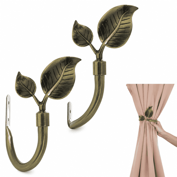Leaf Shaped Gold Curtain Tiebacks Set of 2, Adjustable Rotatable Metal Curtain Holdbacks, Heavy Duty Curtain Hooks for Drapes, Decorative Wall Mount Curtain Tie Backs for Window Home Decor
