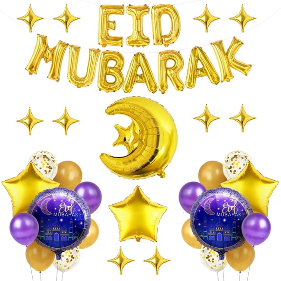 WODJR 33Pcs Eid Mubarak Balloons Eid Mubarak Party Decorations Ramadan Mubarak Balloons Purple Gold Balloons Moon Star Balloons Eid Mubarak Banner Eid Balloon Banner Ramadan Mubarak Party Decorations