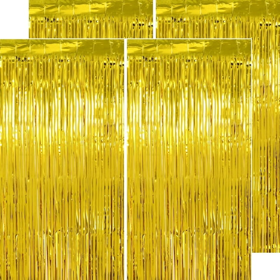 4 Pack Gold Tinsel Backdrop, 3.28 FT x 6.56 FT Metallic Fringe Curtain, Gold Color Graduation Backdrop Party Streamers, Party Supplies Door Decorations for Birthday Anniversaries
