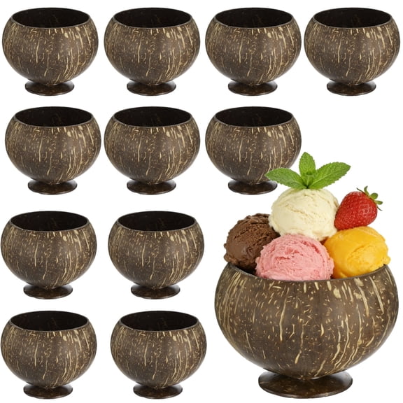 12 PCS Coconut Shell Cups, Polished Natural Coconut Bowls Bulk Set for Hawaiian Luau Party Supplies, Tiki Drink Cups for Cocktails Smoothies Ice Cream Salad Tropical Decorations