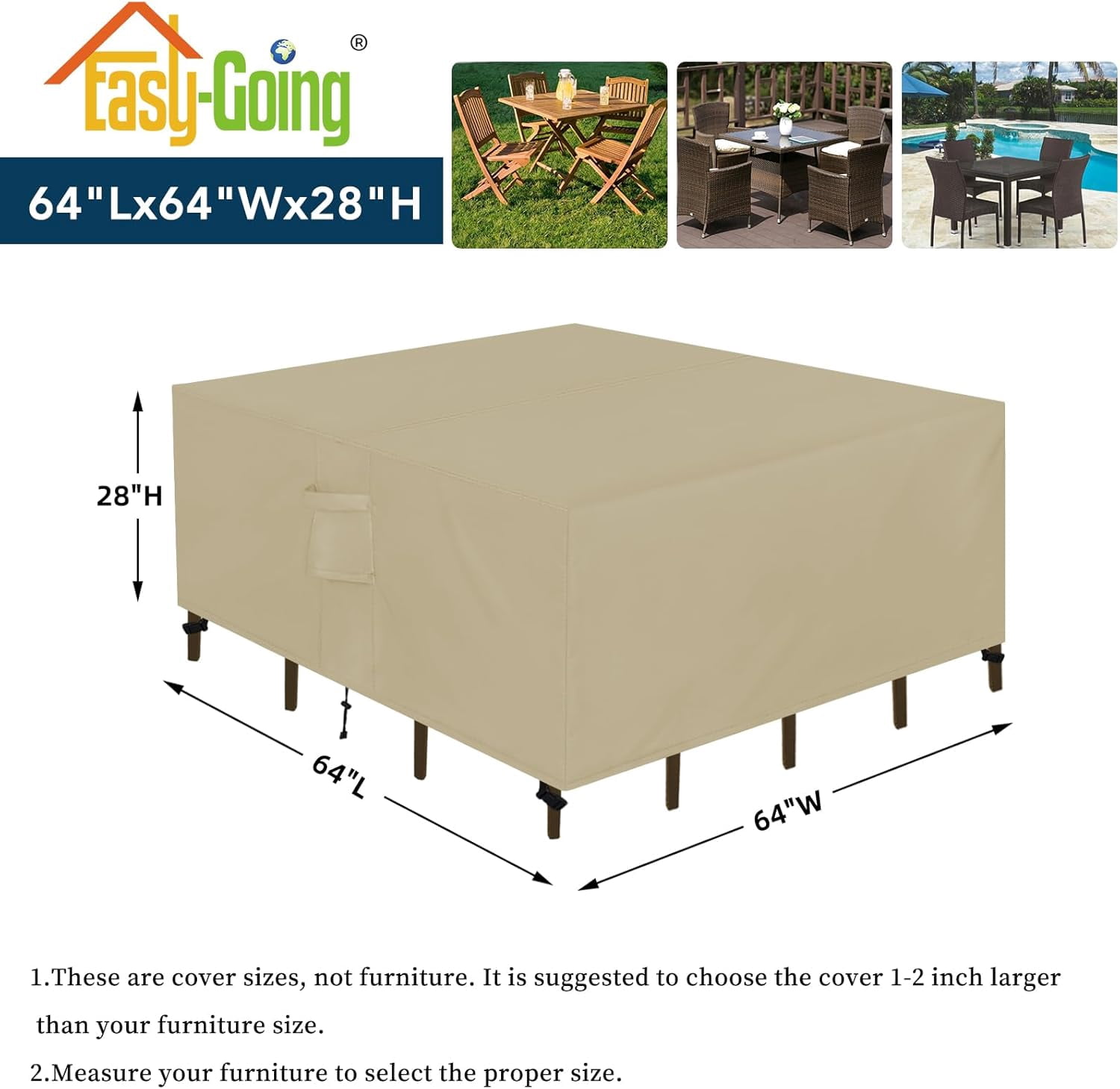 General Square Patio Furniture Cover Waterproof Outdoor Dining Table and Chair Cover Anti-UV Outside Sectional Sofa Set Covers (64"L x 64"W x 28"H, Camel)
