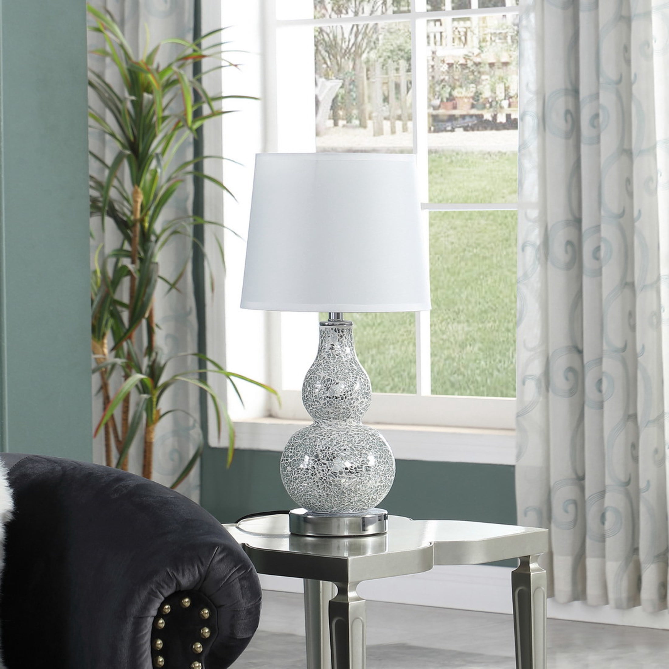 Noble House 19.5" Mirror Mosaic Table Lamp, Chrome Polyresin Base with White Linen Shade, Space-saving Design, Silver