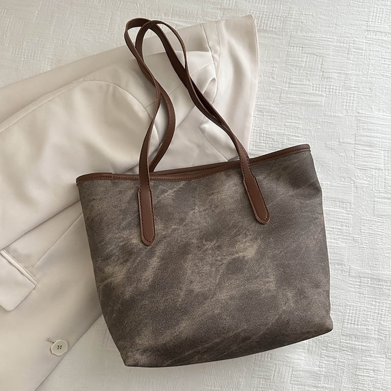 Tekzitfuir Large Vintage Leather Tote Bag For Women - Brown PU Leather, 17.7x11.2x5.5 Inches, Top Zip, Work & Travel Shoulder Bag