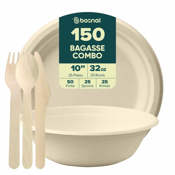 BOSNAL 10 inch Round Sugarcane Bagasse Dinner Plates with 32 oz Bowls and Cutlery, Compostable Disposable Tableware for Parties and Catering