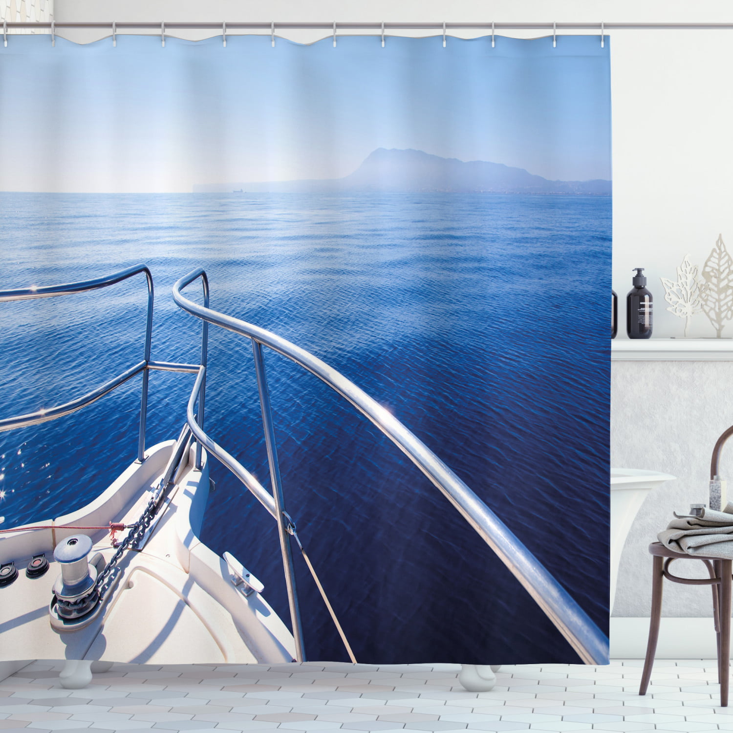 Boat Ocean Sea Island Bathroom Set Decor Polyester Fabric Shower Curtain Hooks 