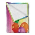thumbnail image 2 of Birthday Soft Flannel Fleece Throw Blanket, Rainbow Colored Striped Backdrop Balloons Lettering Candles Artwork Prit, Cozy Plush for Indoor and Outdoor Use, 50" x 70", Multicolor, by Ambesonne, 2 of 5