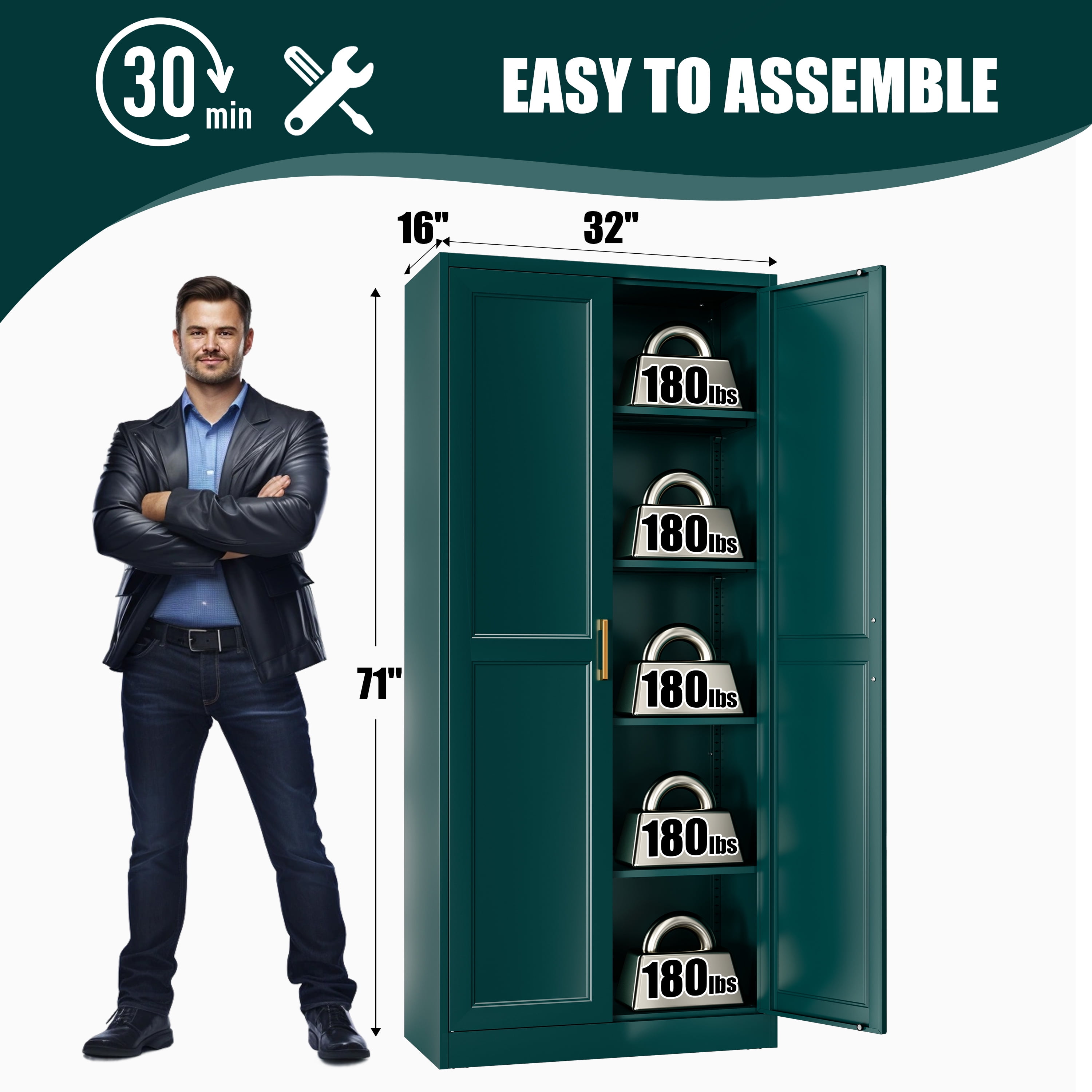 Polup 71" Height Metal Green Storage Cabinet, Modern Tall Steel Pantry Cupboard with 2 Doors and Adjustable Shelves for Kitchen Garage and Home
