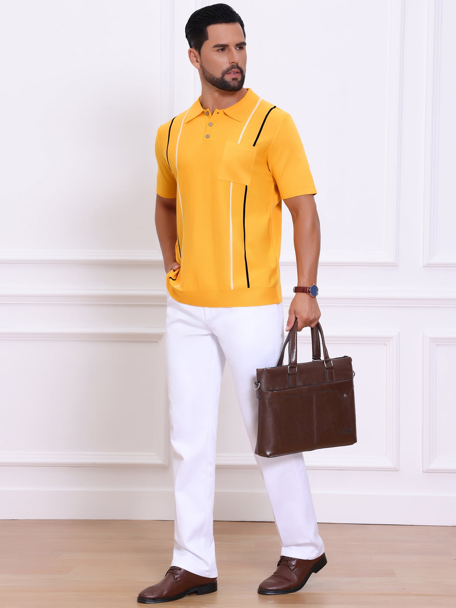 DARING DIVA Men's Striped Knit Chest Pocket Short Sleeve Vintage Golf Shirts XL Yellow