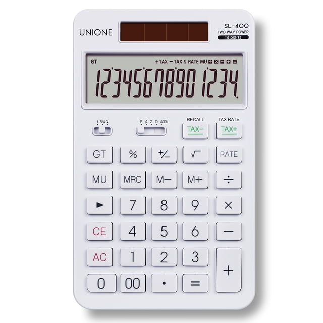 Calculadora UNIIONE de escritorio de 14 dígitos, blanca con pantalla LCD brillante