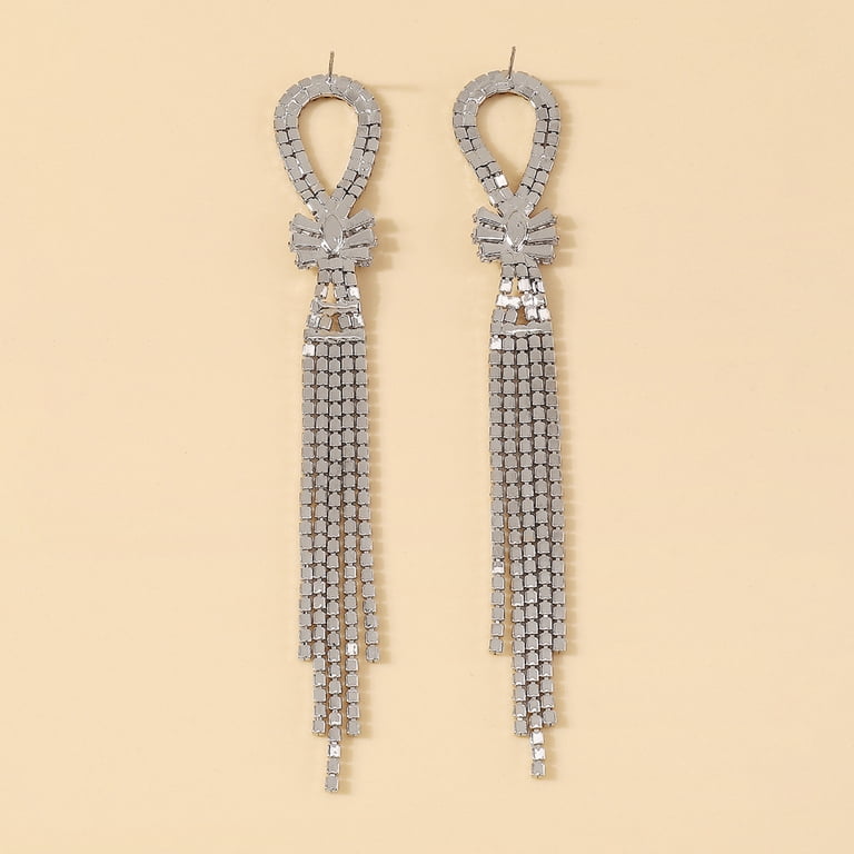 harmtty 1 Pair Dangle Earrings Temperament Ornamental Shiny Exaggerated  Personality Dress Up Accessory Rhinestone Long Tassel Earrings Fashion  Jewelry,Silver - Walmart.com