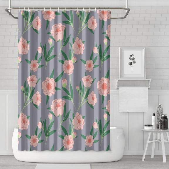 Waterproof Pink Peony Flowers with Leaves Shower Curtain 72x72 Inch Boho Style Polyester Unique Shower Curtain for Bathroom Hotel Home Decor with 12 Plastic Hooks