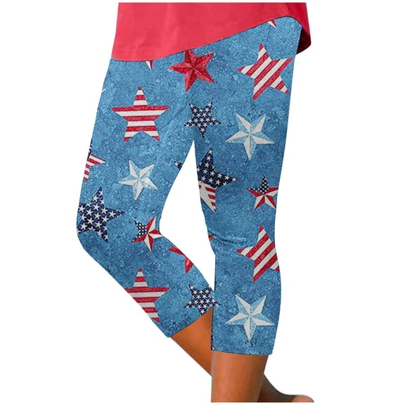Pimfylm Leggings for Women Ladies' Fourth Of July Printed Capri uly 4 Women's Tight Yoga Pants(Blue,L)