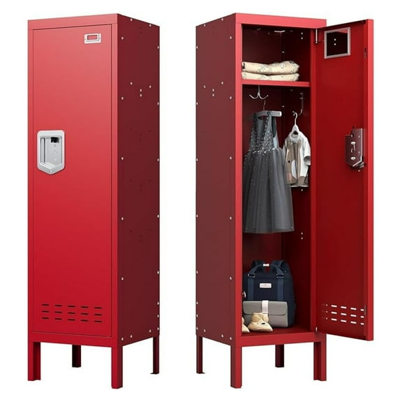 Metal Locker with Lock, School Office Gym Storage - 1 Door Steel Lockable Cabinet - 54"H x 15"W x 15"D, Red