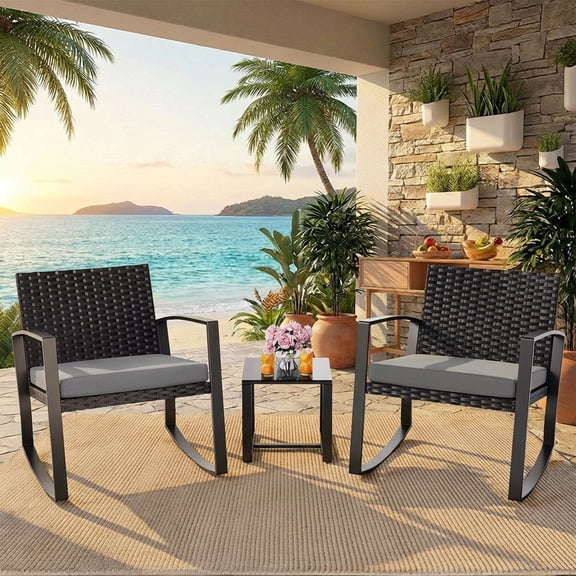 Patio Furniture Set, 3-Piece All-Weather Rocking Wicker Chair Set with Glass Table for Backyard, Gray