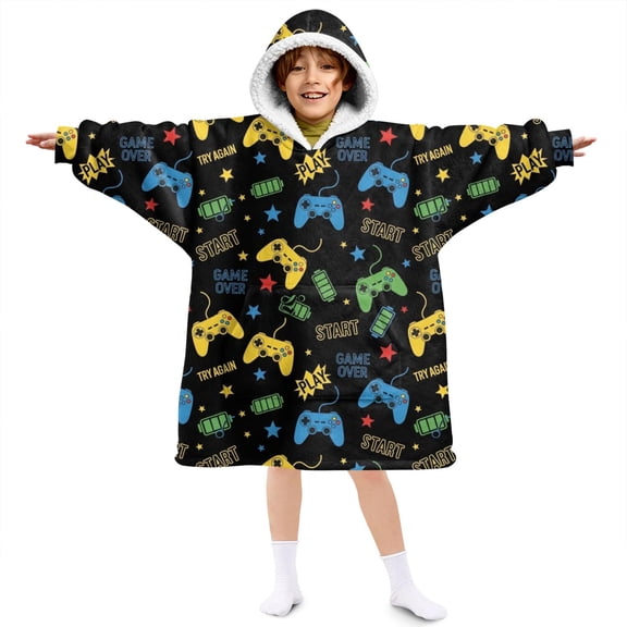 Game Controller Black Pattern Lamb Fleece Blanket Hoodies for Teens ,Teens Oversize Sherpa Wearable Hooded Blanket Sweatshirt with Super Pockets