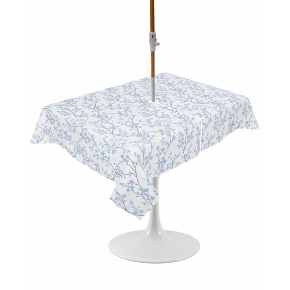 Outdoor Table Cloth with Umbrella Hole and Zipper, Blue Spring Floral Waterproof Rectangle Tablecloth 52"x70", Summer Botanical Watercolor Washable Table Cover for Outside Party Patio Picnic