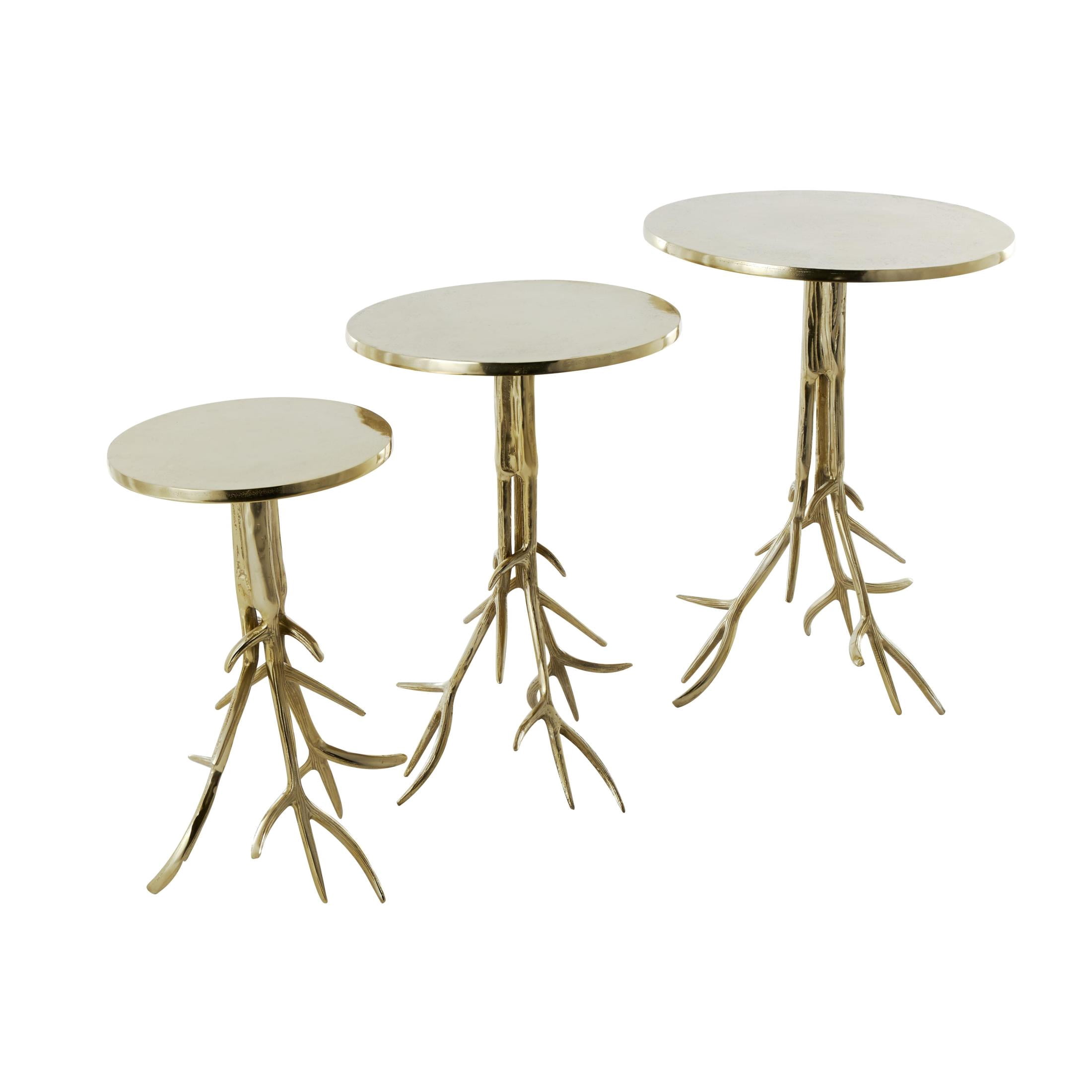 DecMode 15" x 22" Gold Aluminum Metal Tree Accent Table with Textured Tree Branch Legs, 3-Pieces