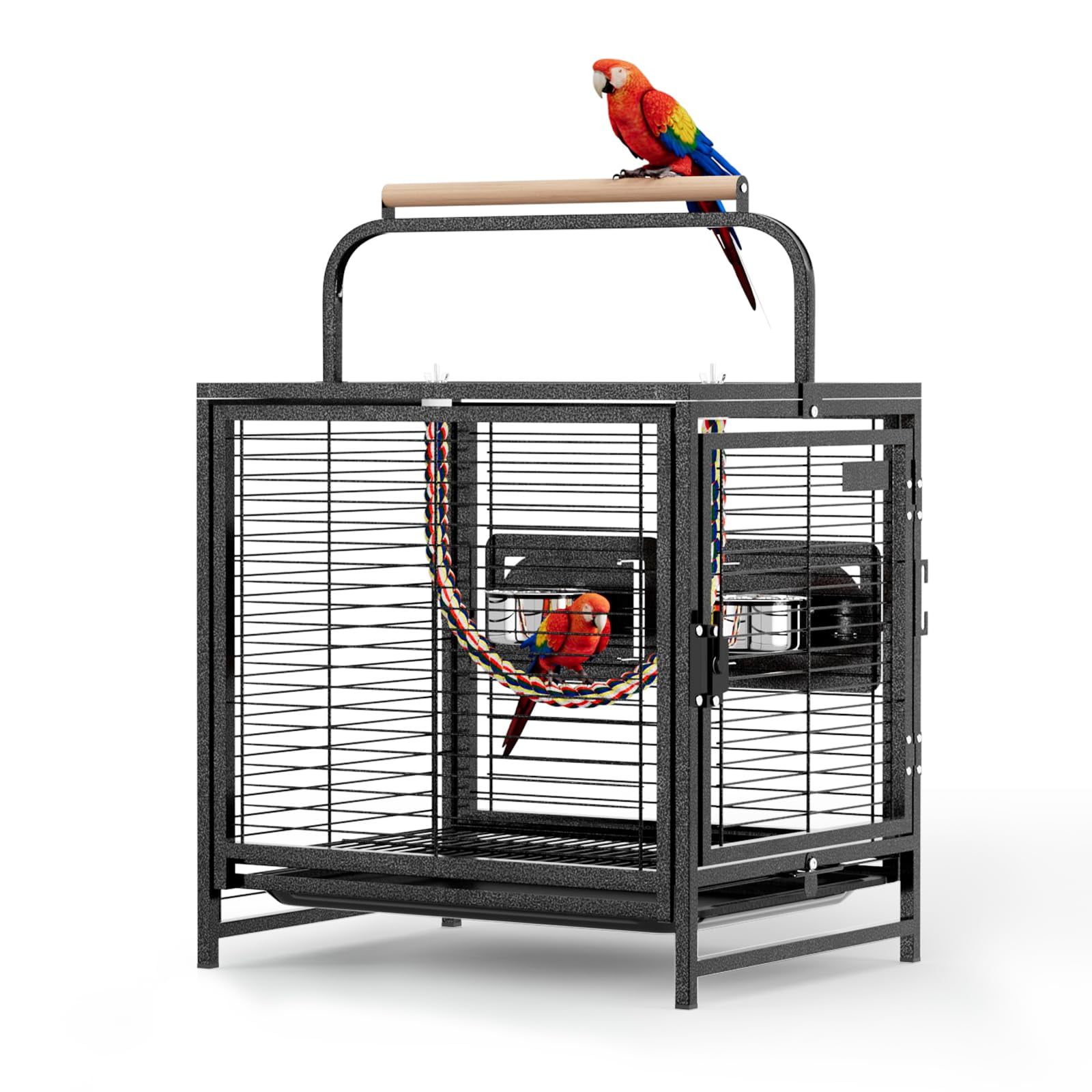 Small Bird Cage, 19 inch Travel Carrier Bird Cage with Handle, Wrought Iron Parakeet Cage with Wooden Perch for Parrot Lovebirds Finches Small/Medium Birds (Hammertone Black)