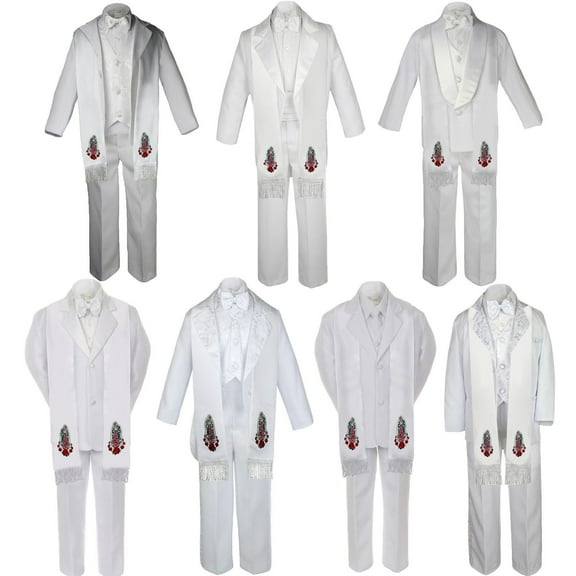 Baby Toddler Boy Guadalupe Christening Baptism White 7 SUIT TUXEDO Style Stole