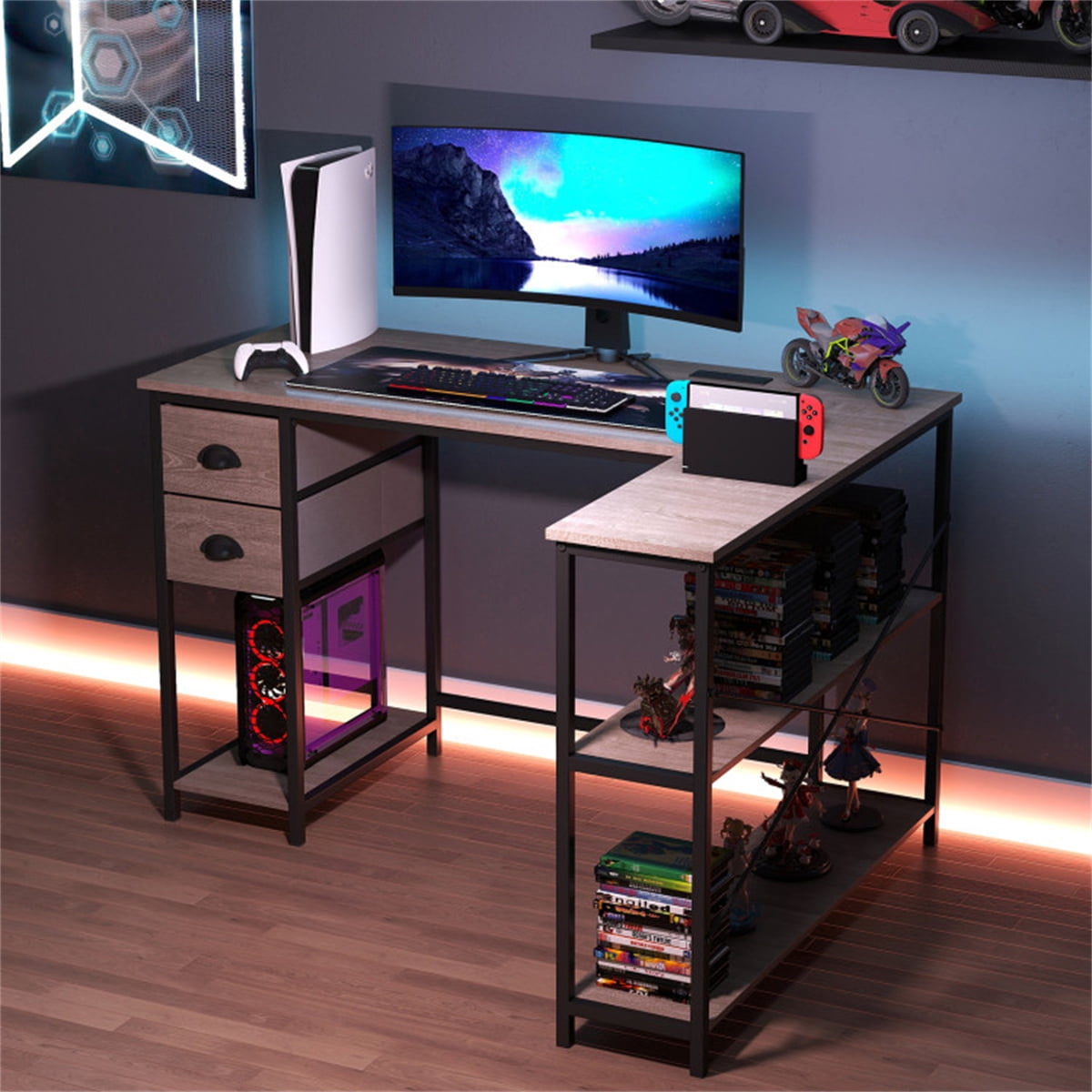 L Shaped Computer Desk with Built in Power Outlet USB Type C Charging Port Home Office Corner Desk with Fabric Drawers Storage Shelves Oak Black