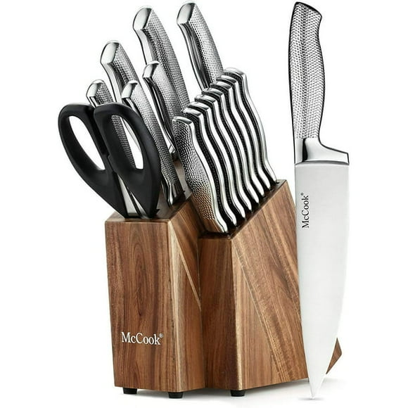 McCook MC20 Premium Knife Sets,17 Pieces Full Tang Hammered German Stainless Steel Kitchen Knife Set with 8 Pieces Steak Knives and Acacia Block